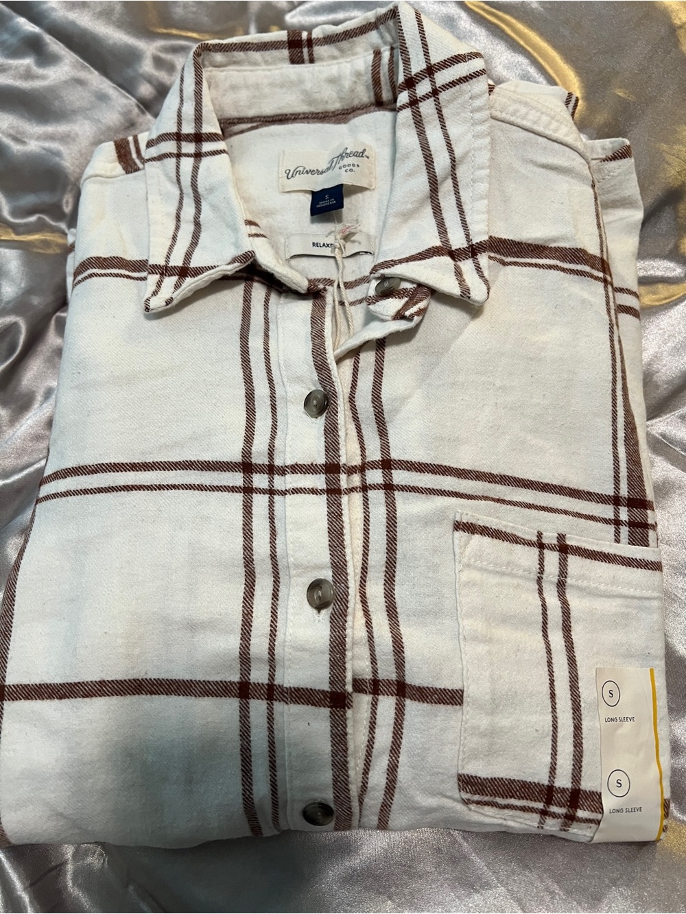Universal Thread Cream and Brown Plaid Button-Front Shirt long sleeve size S